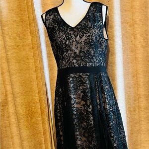 Candlelite Elegant Black Lace Overlay beige ribbon accents Midi Dress fairy goth